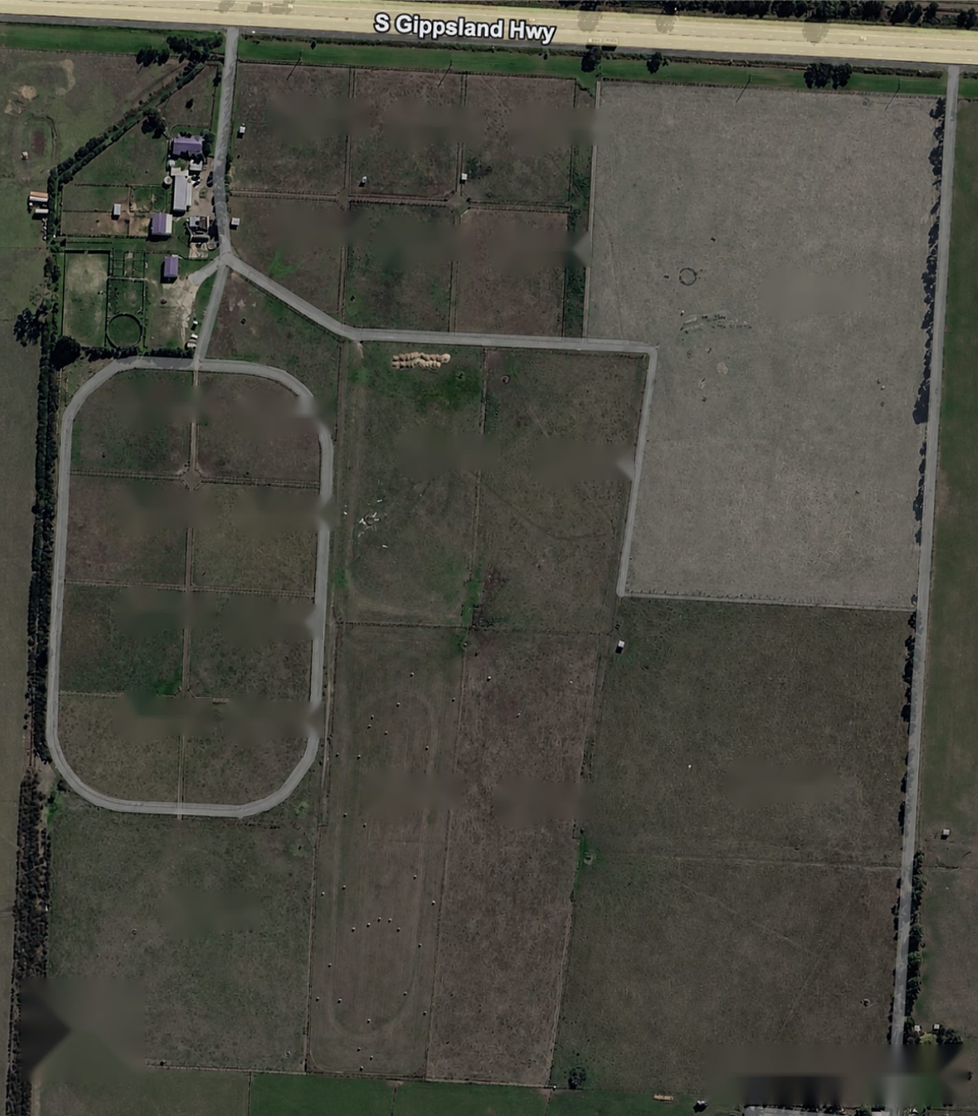 Aerial paddock plan of Koo Wee Stock & Saddle, with South Gippsland Highway along the northern boundary and 21 numbered paddocks
